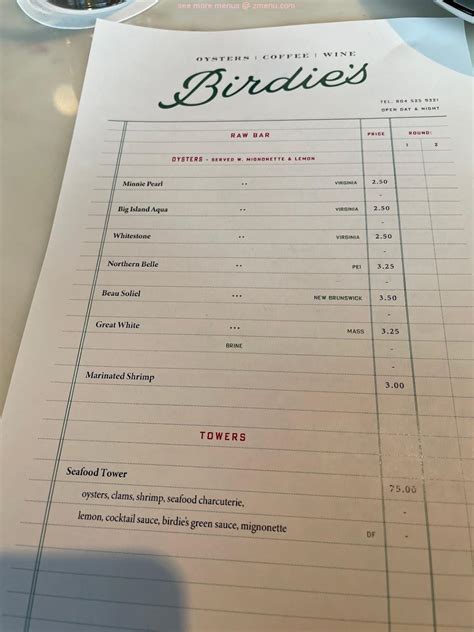 Menu at Birdie's restaurant, Richmond