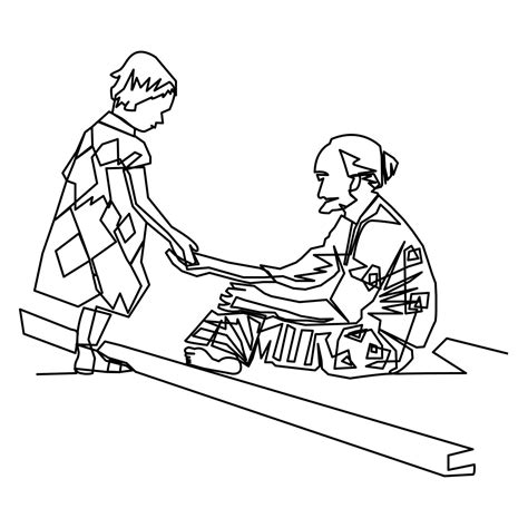 Single one line drawing a little girl giving donation to a Poor Homeless woman 14689809 Vector ...