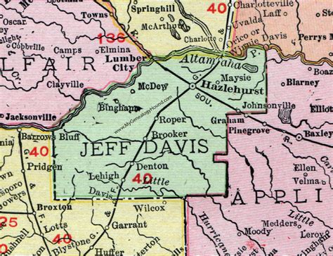 Jeff Davis County, Georgia, 1911, Map, Hazlehurst, Roper, Denton, Maysie