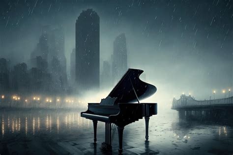 Premium Photo | A piano in the rain in front of a foggy metropolis