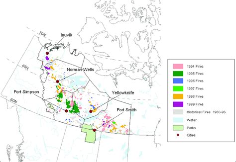 Map depicting the forest fire history in the NWT from 1980 to 1999. | Download Scientific Diagram