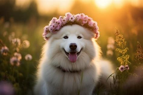 Premium AI Image | beautiful dog with flowers outdoor