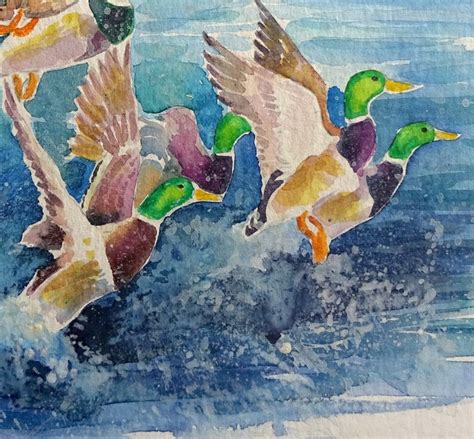 Watercolour painting of flying ducks leaving a lake | Etsy