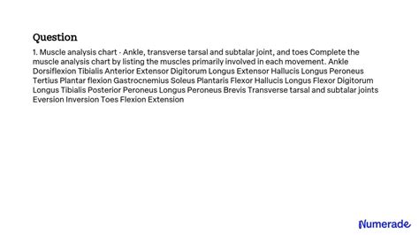 SOLVED: Muscle Analysis Chart: Ankle, Transverse Tarsal and Subtalar ...