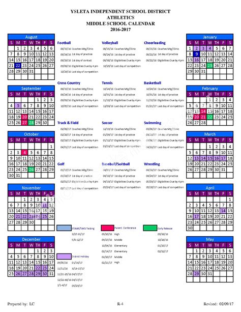 *Middle School Athletic Calendar 2016 - 2017 (revised 02/09/17) R-4 | Ysleta Independent School ...