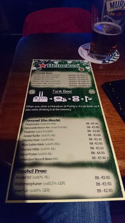 Menu at Paddy Murphy's Irish Pub, Rotterdam