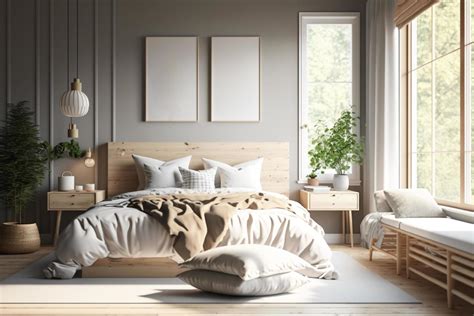 Scandinavian style bedroom mockup with natural wood furniture and a ...