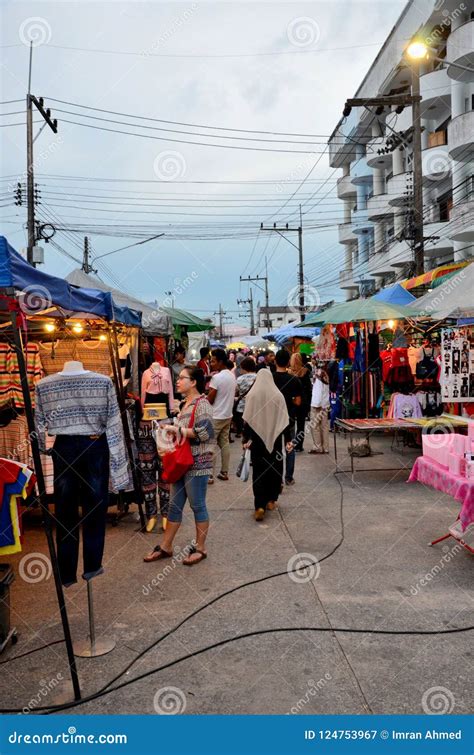 Crowds of People Hang Around Outdoor Street Market Shops & Food Stalls Pattani Thailand ...