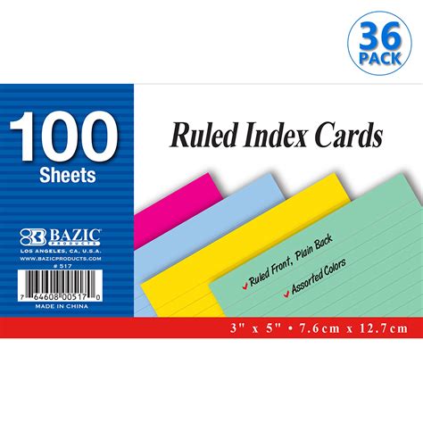 BAZIC Ruled Index Cards 3"X5" 100 Count, Assorted Color Ruled Lined ...