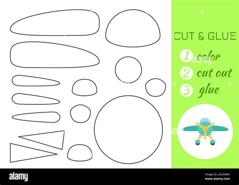 Color, cut and glue paper green airplane. Cut and paste craft activity page. Educational game ...