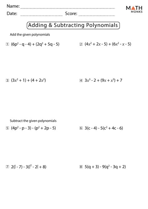 Adding and Subtracting Polynomials Worksheets with Answer Key