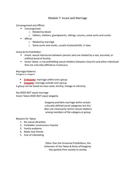 Module 7 - Incest and Marriage - Module 7: Incest and Marriage Consanguineal and Affinal: - Studocu