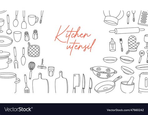 Kitchen utensils horizontal outline banner Vector Image