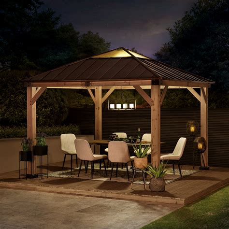 SUNJOY 10 FT. X 10 FT. CEDAR FRAMED GAZEBO WITH BROWN STEEL 2-TIER HIP ROOF HARDTOP – Plus Co