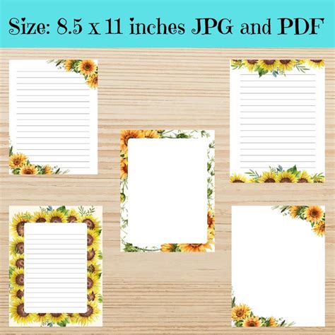 Printable Sunflower Stationery Paper Lined Writing Floral - Etsy