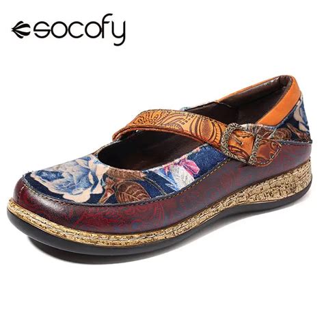 SOCOFY Retro Genuine Leather Splicing Flats Shoes Women Round Toe Hook ...