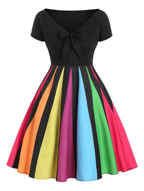 [27% OFF] Rainbow Tied Short Sleeve Low Cut Dress | Rosegal