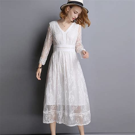 White Dress Women 100% Silk Fabric Embroidery Hollow Out Design V Neck ...