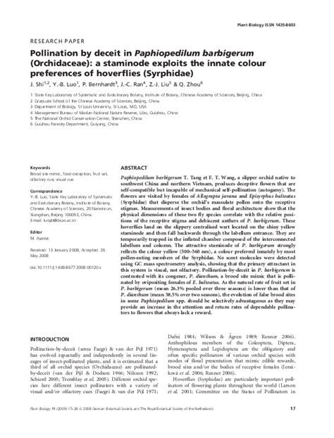 (PDF) Pollination by deceit in Paphiopedilum barbigerum (Orchidaceae): a staminode exploits the ...