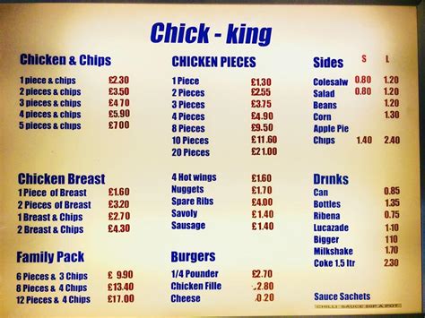 Menu at Chick King fast food, London, 755 High Rd