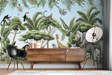 Kids Room Jungle Theme with Animals Wallpaper Nursery Peel | Etsy