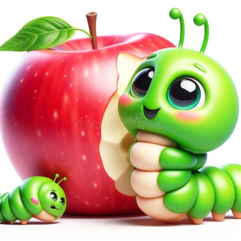 3D Funny Apple Cartoon with a Green Caterpillar. Fun Characters for Children S Illustrations ...