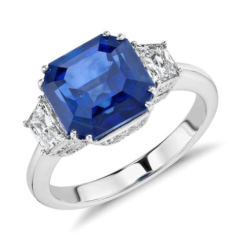 Blue Sapphire and Diamond Three-Stone Ring in 18k White Gold (5.52 ct ...