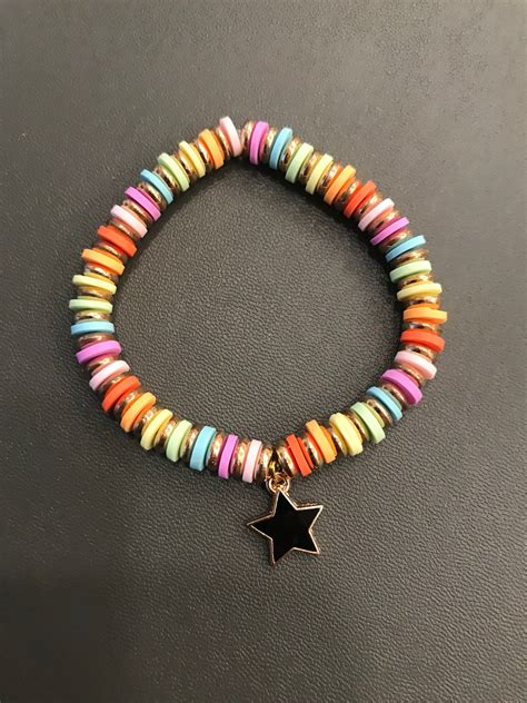 Custom Polymer Clay Beaded Bracelet With Gold Beads and Black Star Charm. - Etsy UK