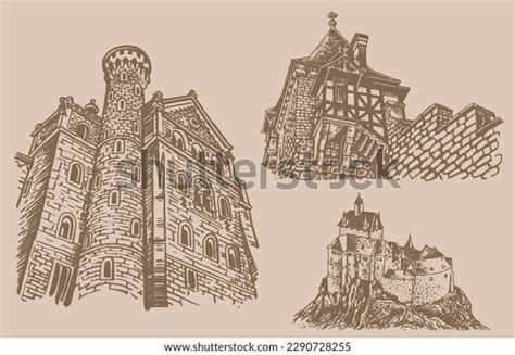 Graphical Vintage Set Medieval Germany Castles Stock Vector (Royalty ...