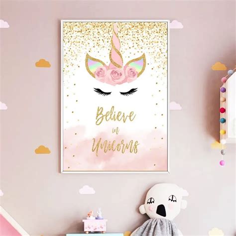 SURE LIFE Cartoon Pink Gold Unicorn Wall Art Believe in Unicorns Poster ...