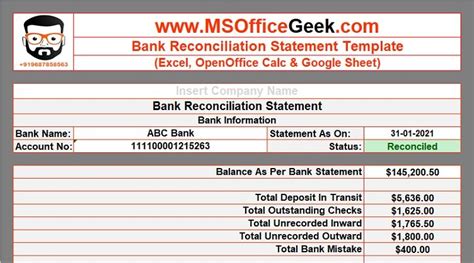 Ready-To-Use Bank Reconciliation Statement Template - MSOfficeGeek