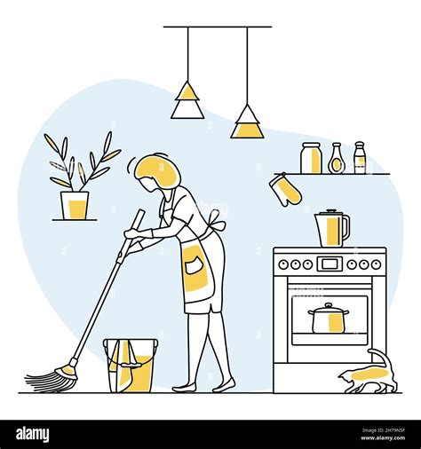 Vector illustration Apartment House Cleaning Maid service Woman cleans ...