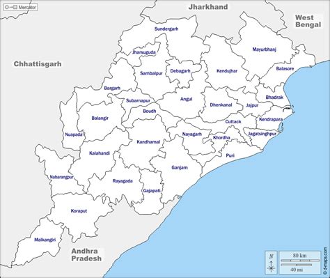 Odisha free map, free blank map, free outline map, free base map boundaries, districts, names