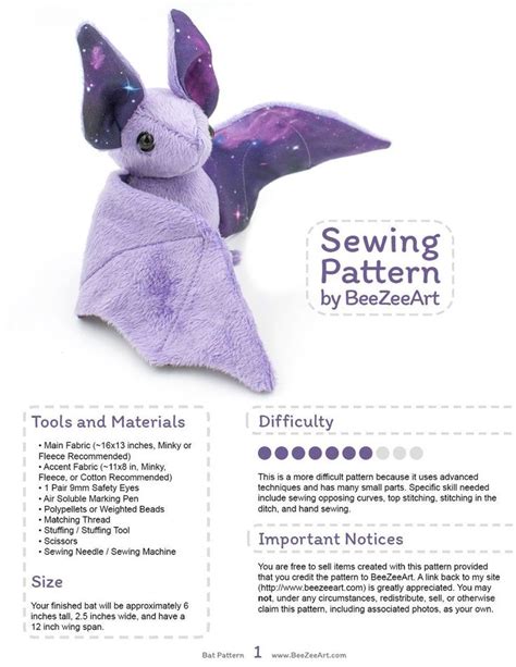 Bat Stuffed Animal Sewing Pattern - Digital Download - BeeZeeArt - 1 | Animal sewing patterns ...