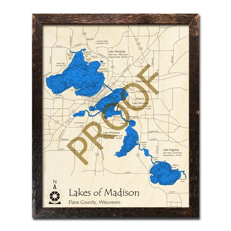 Madison Chain of Lakes, WI Wood Map | 3D Nautical Wood Charts