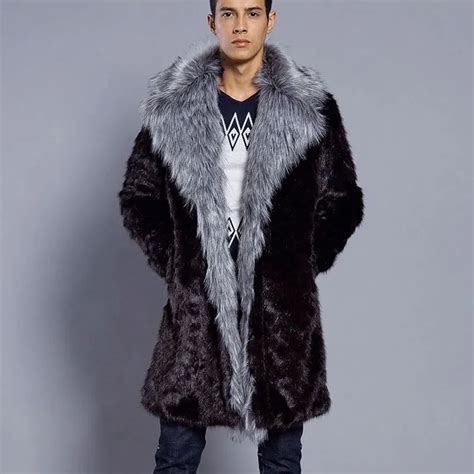 Men's Fur Coat Winter Faux Fur Outwear Turn Down Collar Men Parka ...