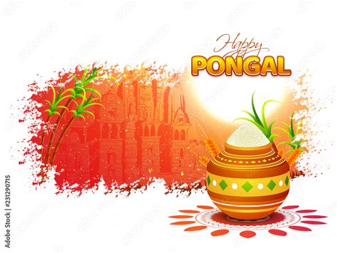 Happy Pongal banner or poster design, traditional pot and sugarcane on ...