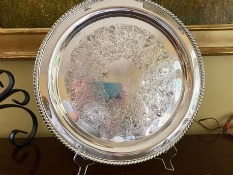 Round Silver Tray, Vintage Silver Plate 15 Inch Serving Tray, Embossed Design, Large Barware Tray