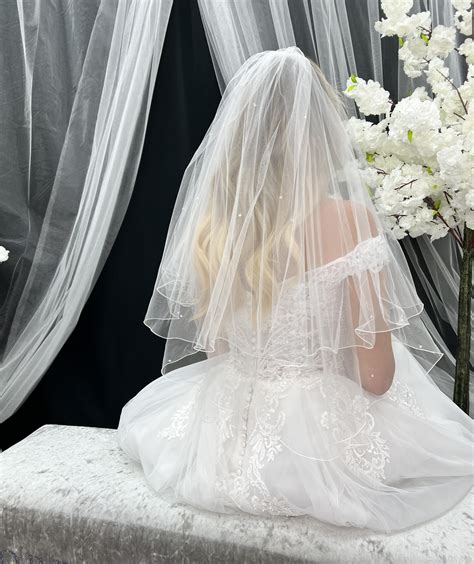 Elbow length 2 tier ivory veil with crystals - Roberta's Bridal