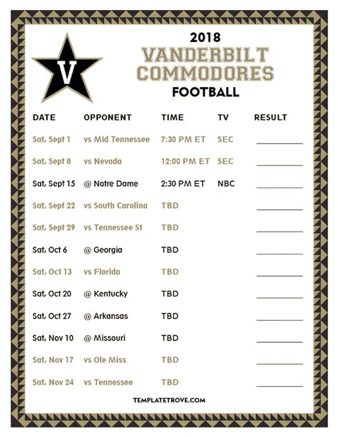 Printable 2018 Vanderbilt Commodores Football Schedule