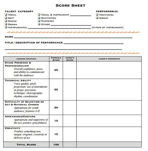 FREE 10+ Sample Talent Show Score Sheet Templates in Google Docs | MS Word | Pages Google Sheets