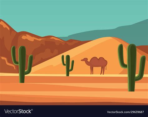 Desert landscape poster with cartoon camel Vector Image