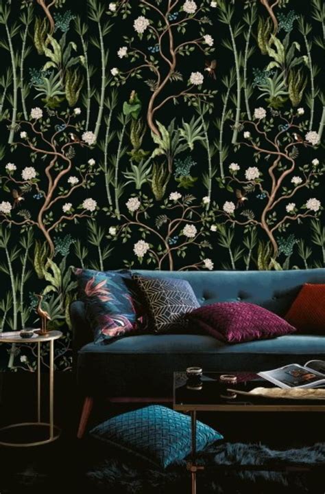 Wallpaper Dark Floral Botanical Wallpaper Green Peel and - Etsy