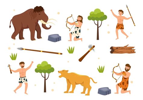 Prehistoric Stone Age Tribes Hunting Large Animals with Weapon in Flat ...