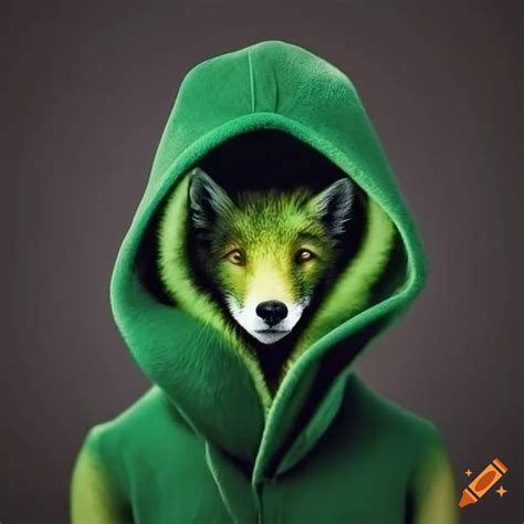 Green fox wearing a black hoodie on Craiyon