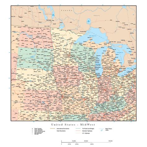 USA Midwest Region Map with States, Highways and Cities