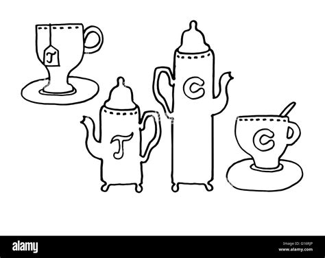 drawing of traditional afternoon high tea with cake, pastries cups and teapot Stock Photo - Alamy