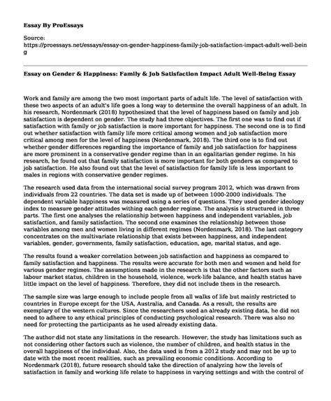 📗 Essay on Gender & Happiness: Family & Job Satisfaction Impact Adult ...