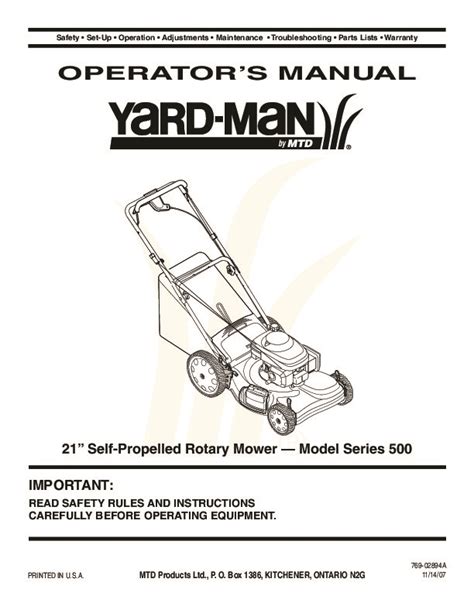 MTD Yard Man 500 Series 21 Inch Self Propelled Rotary Lawn Mower Owners ...