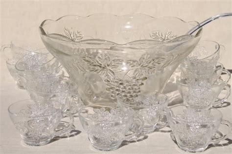 crystal clear pressed glass harvest grapes pattern punch bowl & cups set, vintage wedding glassw ...